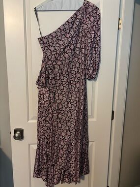J. Crew One-Shoulder Floral Midi Dress in Pink and Black